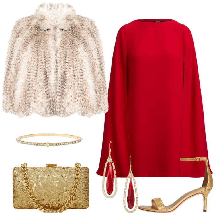 Outfit donna - Total look #2303242. Stile Chic per Serata fuori. Abbinamento con ecopellicce, vestiti, clutch, sandali in pelle, orecchini, braccialetti.