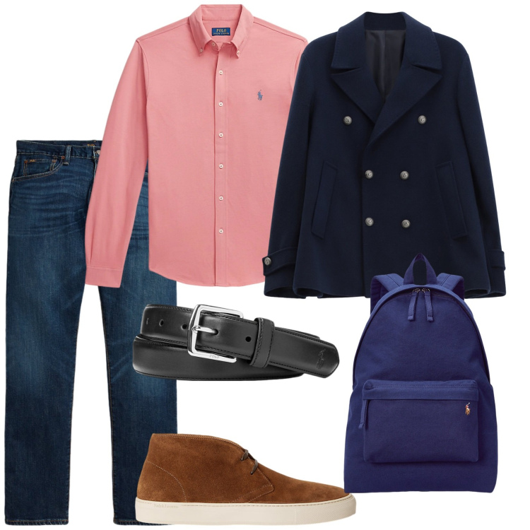 Outfit uomo - Un giro in barca. per Mare. Abbinamento con cappotti, cinture, borse sportive, camicie, jeans dritti, sneakers.