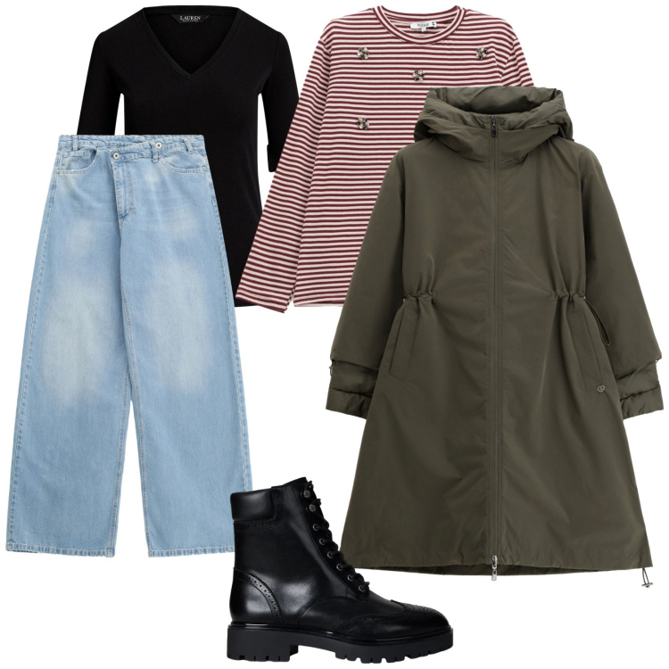 Outfit donna - Ispirato a Jessica. Stile Trendy per Tutti i giorni. Abbinamento con jeans, parka, t-shirt, t-shirt, anfibi.