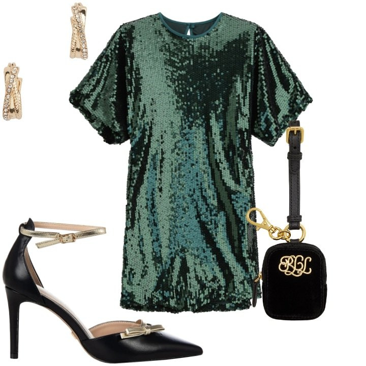 Outfit donna - Magia delle feste. Stile Glamour per Serata fuori. Abbinamento con vestiti corti, décolleté, orecchini, pochette.