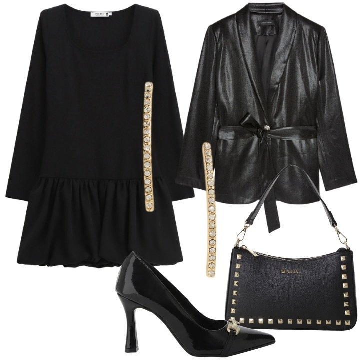 Outfit donna - Magia delle feste. Stile Bon Ton per Ufficio. Abbinamento con vestiti corti, décolleté, pochette, orecchini, blazer.