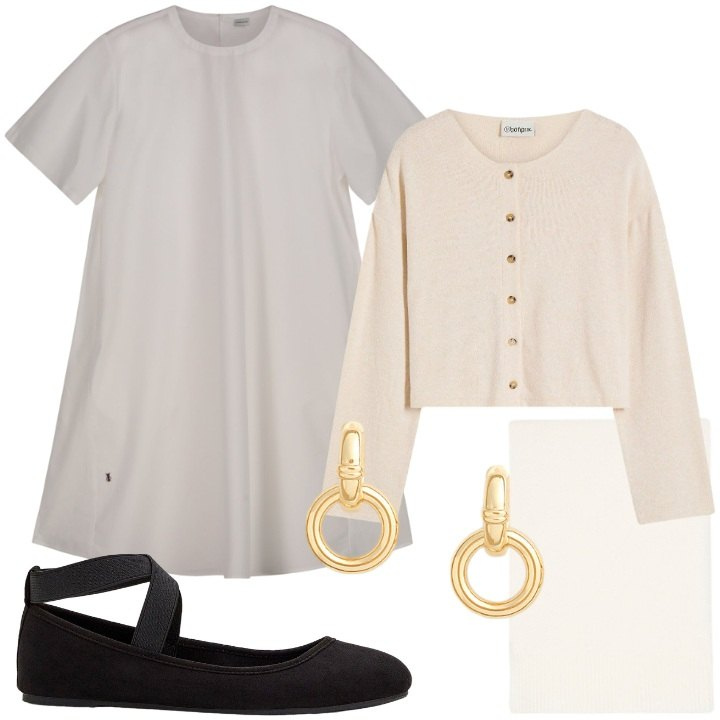 Outfit donna - A casa per le feste. Stile Basic per Tutti i giorni. Abbinamento con cardigans, ballerine, orecchini, vestiti corti, sciarpe.