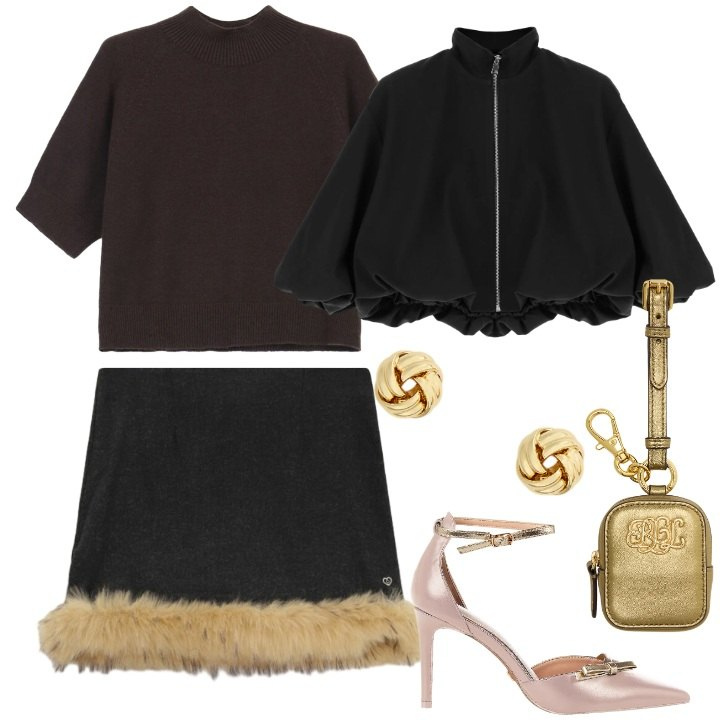 Outfit donna - Il bordo in pelliccia. Stile Trendy per Serata fuori. Abbinamento con minigonne, décolleté, bomber, maglieria, pochette, orecchini.