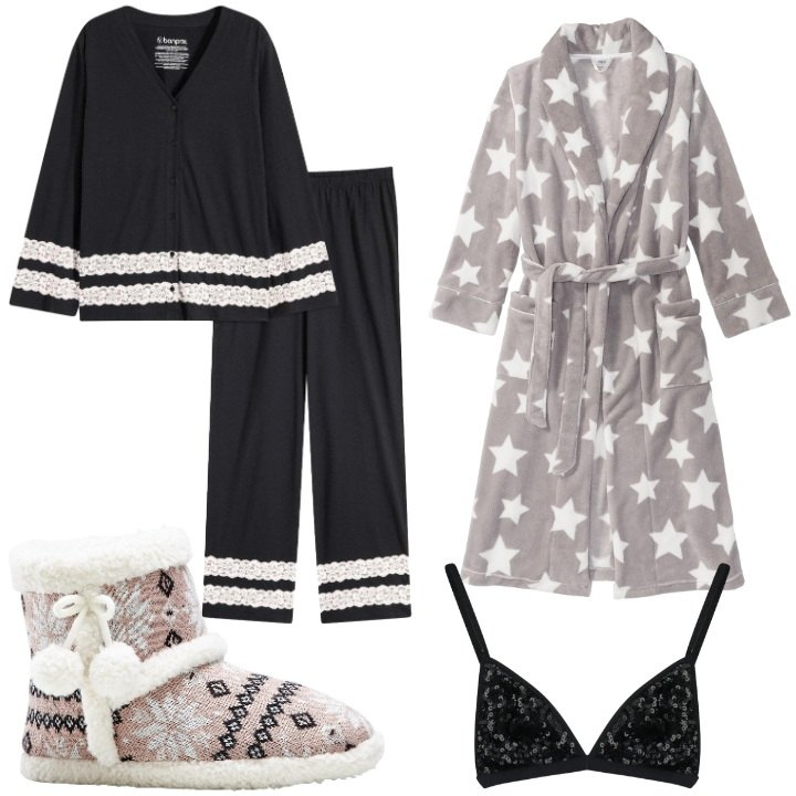 Outfit donna - Idee regalo tra amiche. Stile Basic per Tutti i giorni. Abbinamento con pigiama, vestaglie, pantofole, top.