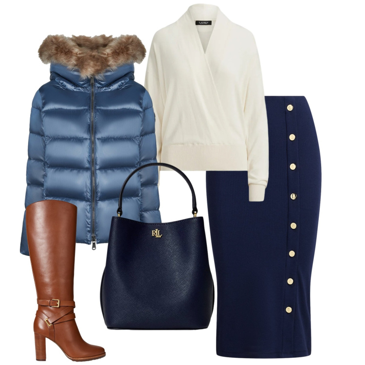 Outfit donna - Blu per le feste - @susystyle. Stile Chic per Tutti i giorni. Abbinamento con piumini, borse a secchiello, maglieria, gonne, stivali.