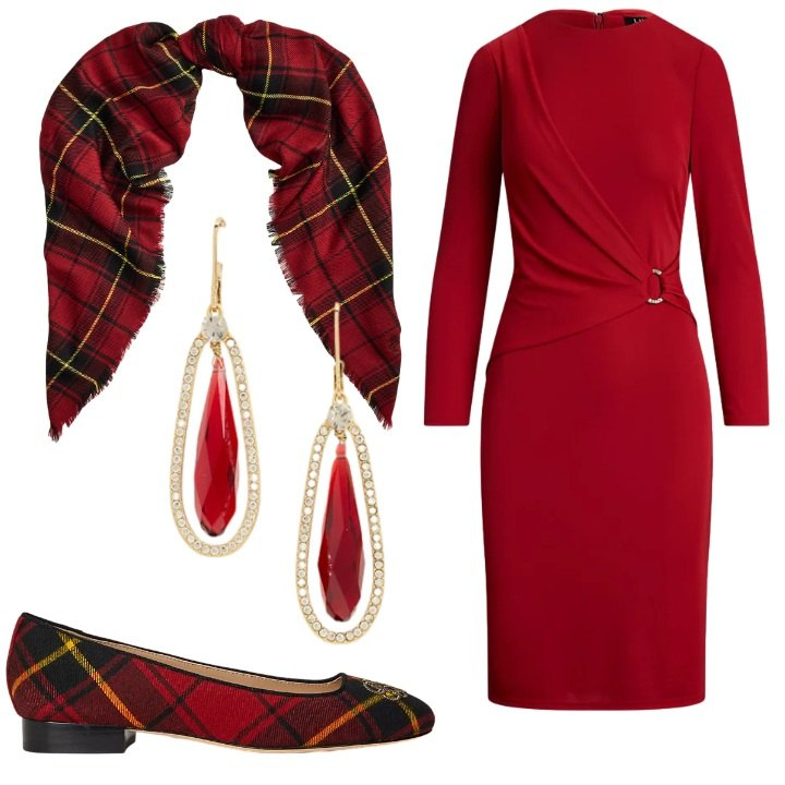 Outfit donna - Ospiti a casa per le feste. Stile Bon Ton per Tutti i giorni. Abbinamento con ballerine, sciarpe, vestiti, orecchini.