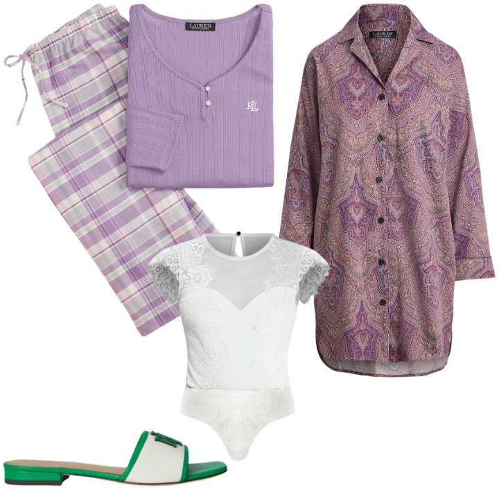 Outfit donna - Regali tra amiche. Stile Basic per Tutti i giorni. Abbinamento con top, pigiama, camicie da notte, ciabatte.