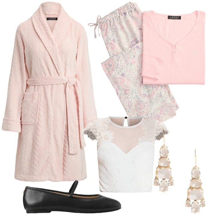 Outfit donna - Regali tra amiche. Stile Basic per Tutti i giorni. Abbinamento con body, vestaglie, orecchini, ballerine, pigiama.