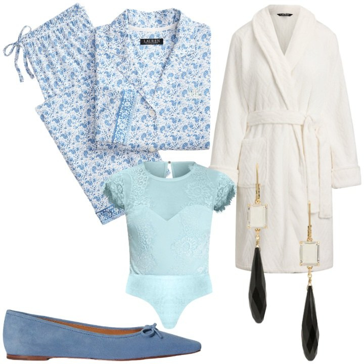 Outfit donna - Regali tra amiche. Stile Basic per Tutti i giorni. Abbinamento con body, pigiama, orecchini, vestaglie, ballerine.