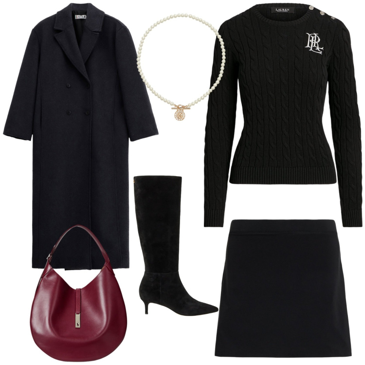 Outfit donna - Un tocco di rosso per natale. Stile Chic per Serata fuori. Abbinamento con cappotti, ciondoli, maglieria, borse a spalla, minigonne, stivali.