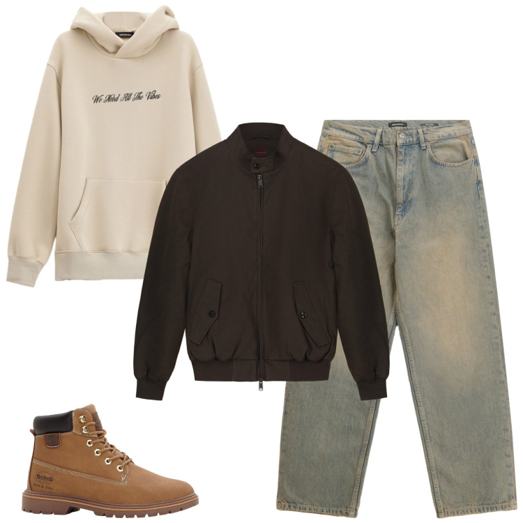 Outfit uomo - City. Stile Casual per Tutti i giorni. Abbinamento con stivali e stivaletti, felpe con cappuccio, jeans, bomber.