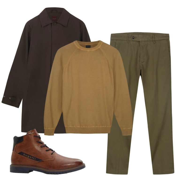 Outfit uomo - Dicembre. Stile Urban per Tutti i giorni. Abbinamento con anfibi, pantaloni chino, maglieria, trench.