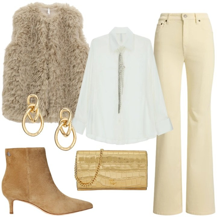 Outfit donna - Natale vintage. Stile Vintage retrò per Serata fuori. Abbinamento con camicie, ecopellicce, stivaletti, pantaloni, borse a tracolla, orecchini.