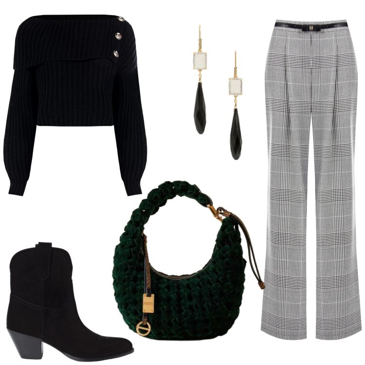 Outfit donna - Total look #2303280. Stile Casual chic per Tutti i giorni. Abbinamento con maglieria, pantaloni, borse a mano, stivaletti, orecchini.