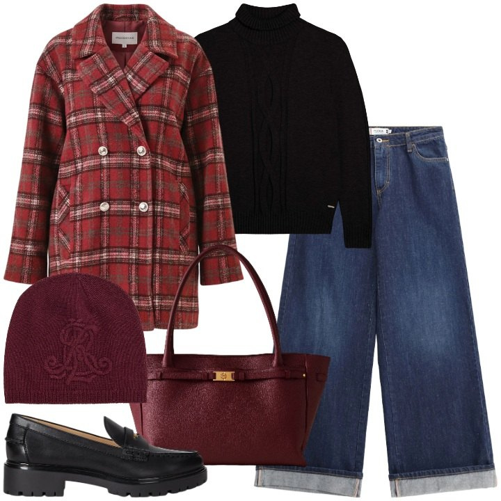 Outfit donna - Ai mercatini in città. Stile Urban per Tutti i giorni. Abbinamento con jeans, cappotti, shopping bag, maglieria, mocassini, berretti.