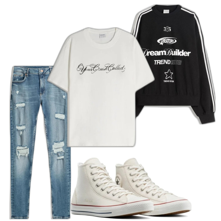 Outfit hombre - Casual look. Estilo Casual para Todos los días. Combinación con sneakers, sudaderas, camiseta, vaqueros rotos.