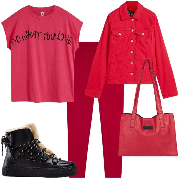 Outfit donna - Total look #2303299. Stile Sporty chic per Tutti i giorni. Abbinamento con blazer, maglieria, sneakers alte, shopping bag, leggings.