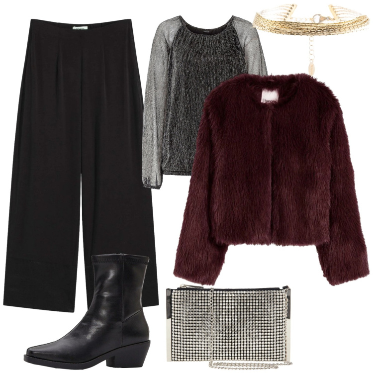 Outfit donna - Rosso, oro, metallizzato. Stile Chic per Serata fuori. Abbinamento con ecopellicce, stivaletti, maglieria, pantaloni, pochette, braccialetti.