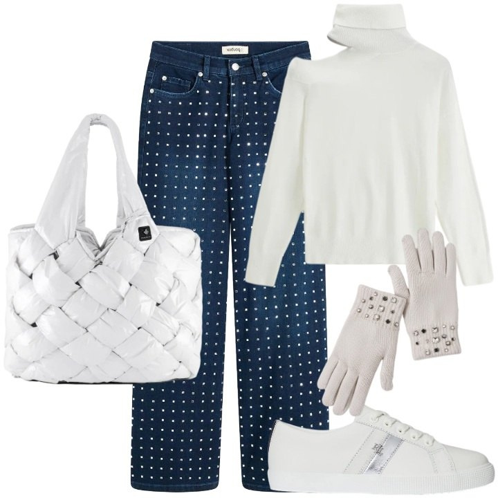 Outfit donna - I jeans che brillano. Stile Glamour per Serata fuori. Abbinamento con jeans dritti, guanti, maglieria, sneakers, borse tote.