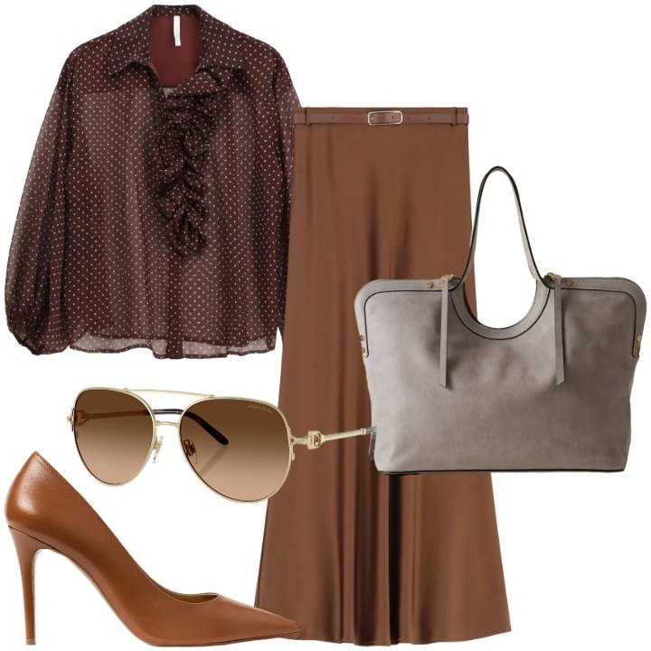 Outfit donna - La shopping bag capiente. Stile Chic per Ufficio. Abbinamento con gonne lunghe, camicie, shopping bag, occhiali da sole, décolleté.