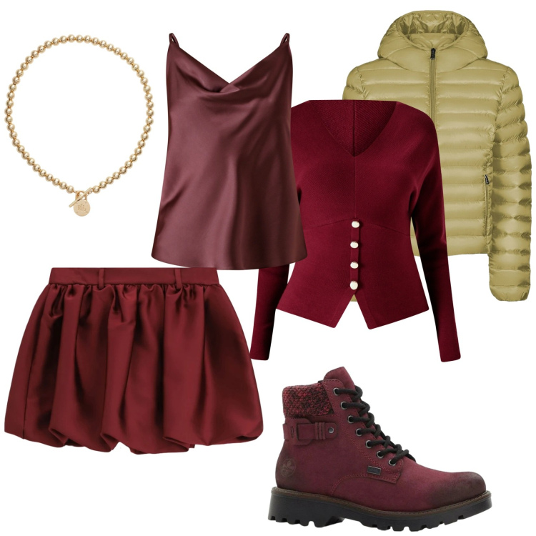 Outfit donna - Rosso e Oro. Stile Chic per Serata fuori. Abbinamento con stivaletti, canottiere, maglieria, minigonne, collane, bomber.