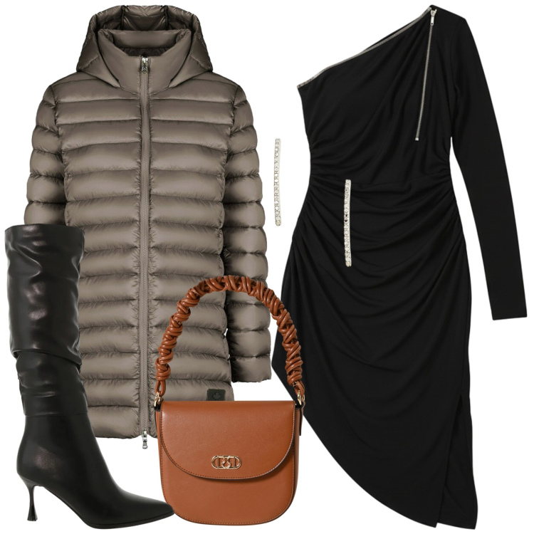 Outfit donna - Magiche Asimmetrie - @lady_lo. Stile Chic per Serata fuori. Abbinamento con vestiti asimmetrici, borse a mano, stivali sopra il ginocchio, orecchini, piumini.