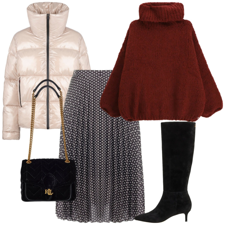 Outfit donna - Maglione morbido, cuore caldo - Focus Do. Stile Chic per Tutti i giorni. Abbinamento con maglieria, gonne longuette, stivali, borse a spalla, blazer.