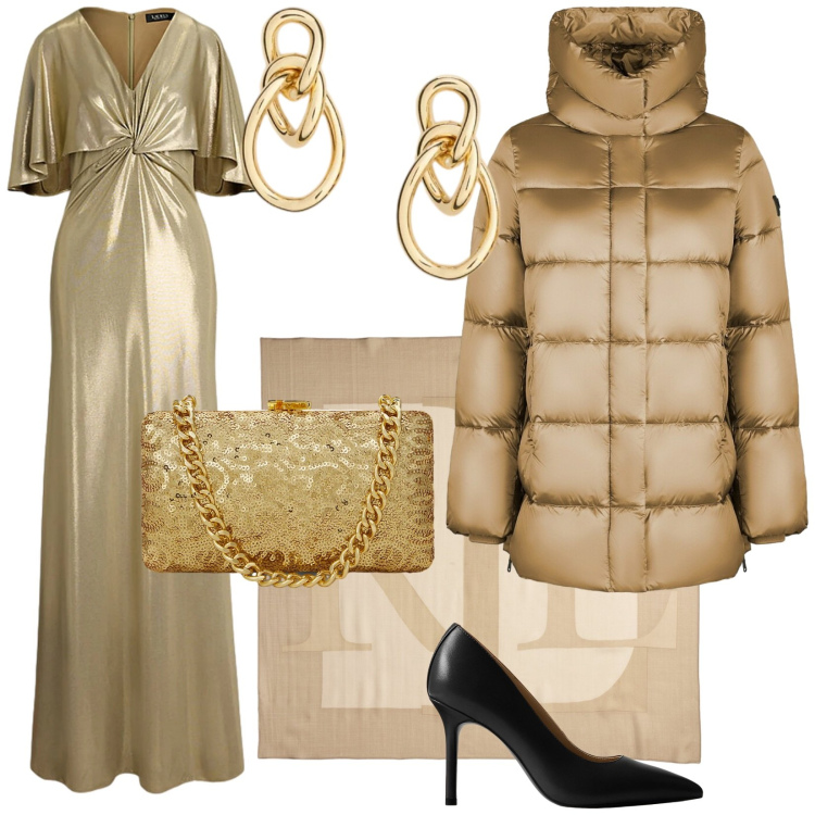 Outfit donna - Gold Forever. Stile Chic per Serata fuori. Abbinamento con vestiti, clutch, sciarpe, décolleté, orecchini, piumini.