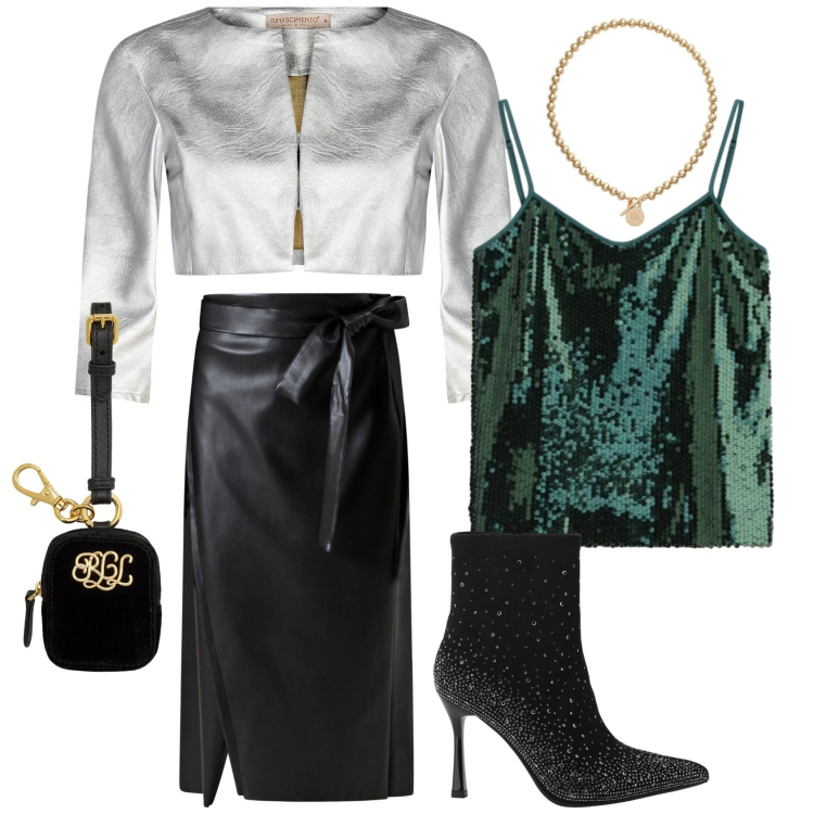 Outfit donna - Capodanno e paileettes. Stile Chic per Serata fuori. Abbinamento con top, gonne longuette, bolero, stivaletti, collane, pochette.