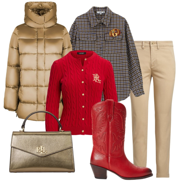 Outfit donna - Oro & Rosso. Stile Casual chic per Serata fuori. Abbinamento con camicie, pantaloni corti, cardigans, stivali, borse a mano, piumini.