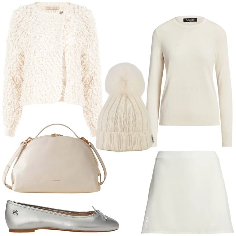 Outfit donna - Bianco a Natale. Stile Chic per Tutti i giorni. Abbinamento con cardigans, borse a mano, maglieria, minigonne, ballerine, berretti.