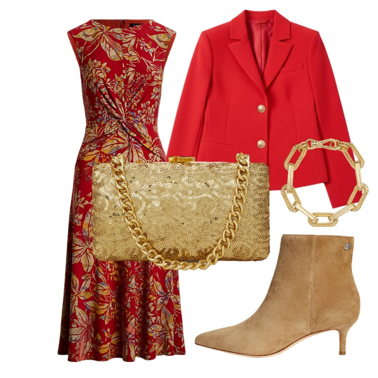 Outfit donna - Rosso & Oro. Stile Chic per Serata fuori. Abbinamento con blazer, vestiti, stivaletti, clutch, braccialetti.