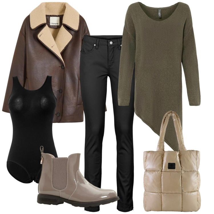 Outfit donna - Asimmetricamente casual. Stile Casual chic per Tutti i giorni. Abbinamento con stivaletti chelsea, jeans skinny, body, maglieria, blazer, shopping bag.