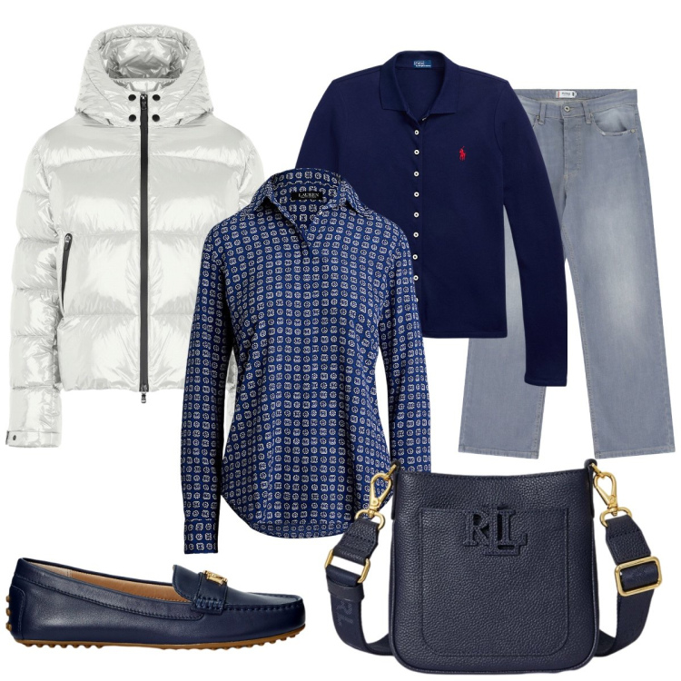 Outfit donna - Grigio Argento & Blu. Stile Casual chic per Tutti i giorni. Abbinamento con jeans dritti, polo, camicie, borse a tracolla, mocassini, piumini.