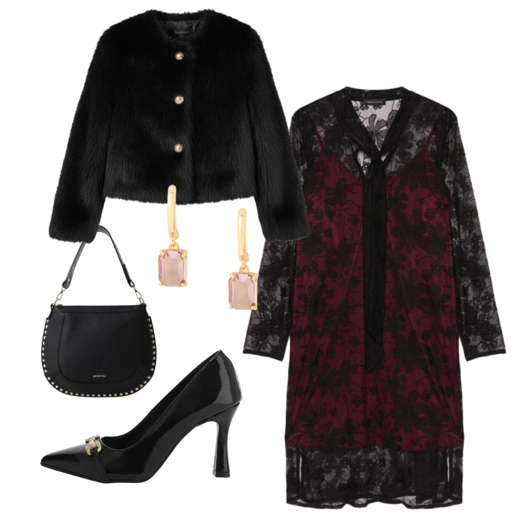 Outfit donna - Natale chic. Stile Casual chic per Serata fuori. Abbinamento con ecopellicce, décolleté, borse a spalla, orecchini, vestiti corti.