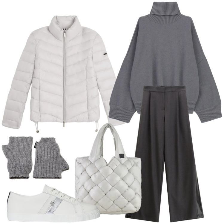 Outfit donna - Minimalismo elegante. Stile Minimal per Tutti i giorni. Abbinamento con pantaloni, maglieria, piumini, sneakers, borse tote, guanti.