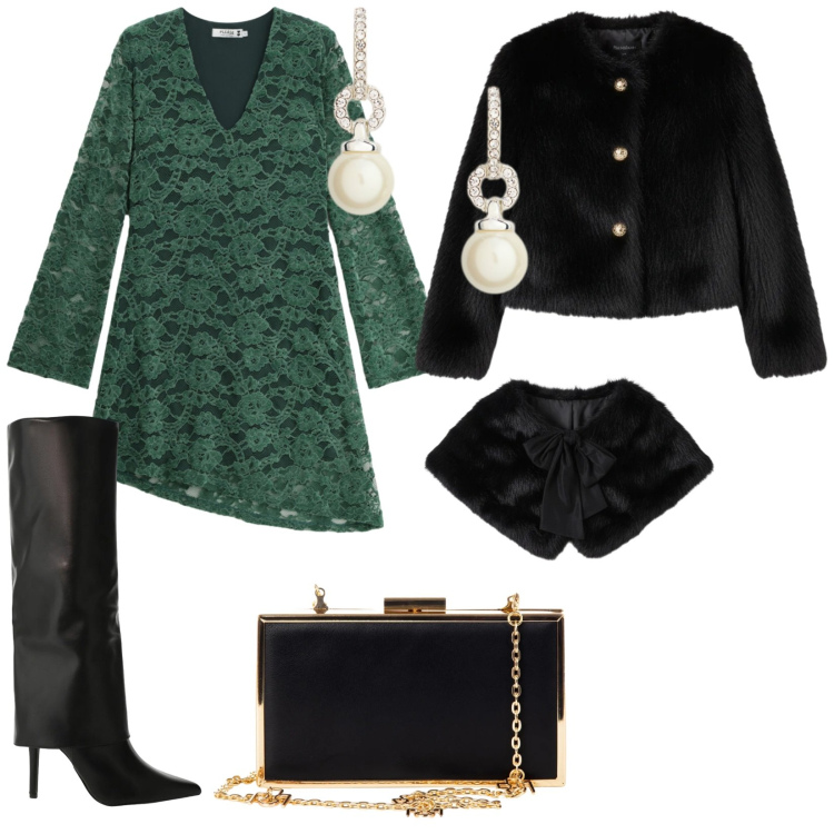 Outfit donna - Avvolgente serata. per Serata fuori. Abbinamento con vestiti corti, ecopellicce, stole, pochette, stivali, orecchini.