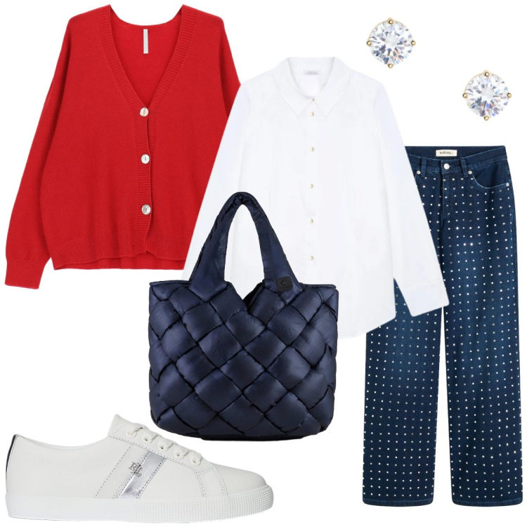Outfit donna - I jeans con gli strass. Stile Casual chic per Ufficio. Abbinamento con jeans dritti, cardigans, sneakers, orecchini, borse tote, camicie.