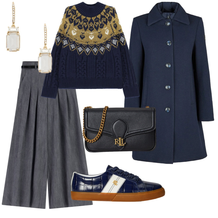 Outfit donna - Pratica con il cappotto. per Tutti i giorni. Abbinamento con pantaloni a palazzo, maglieria, clutch, sneakers, orecchini, cappotti.