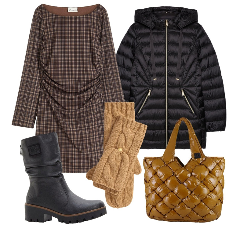 Outfit donna - Il miniabito scozzese. Stile Casual chic per Ufficio. Abbinamento con stivaletti, vestiti, guanti, borse tote, piumini.