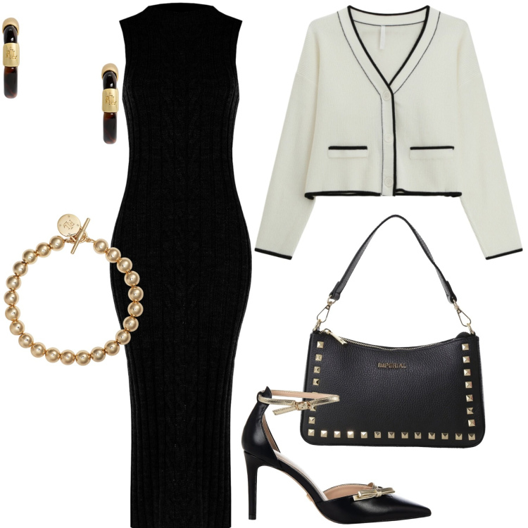 Outfit donna - Il tubino in lana. Stile Chic per Serata fuori. Abbinamento con décolleté, vestiti midi/longuette, pochette, cardigans, braccialetti, orecchini.