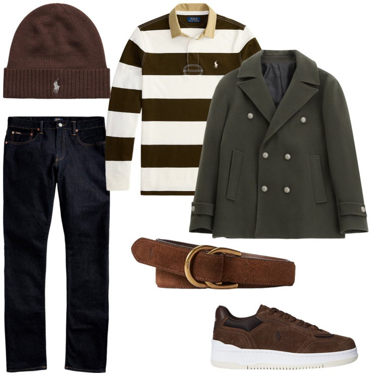 Outfit uomo - Esco con lei sul molo. per Mare. Abbinamento con cappotti, jeans, sneakers, berretti, maglieria, cinture.