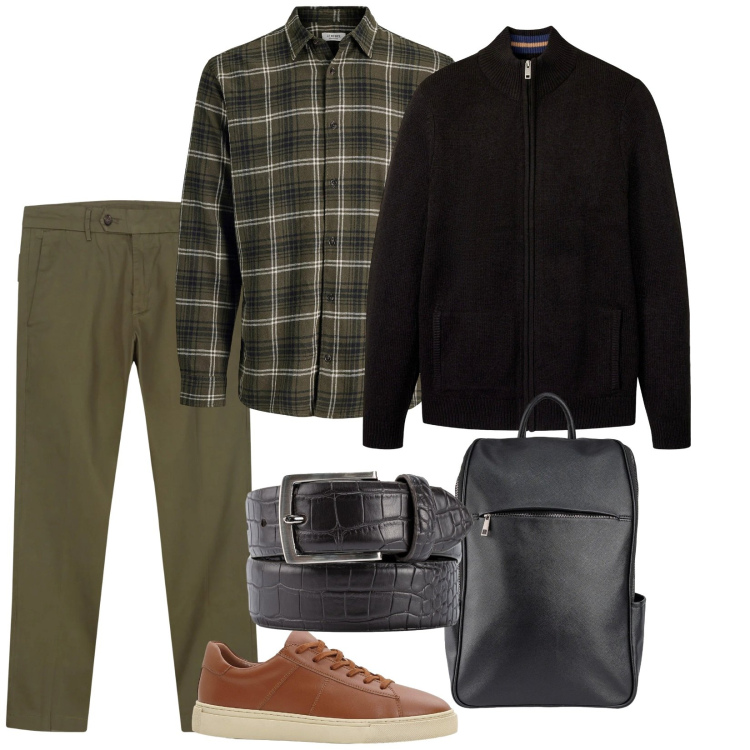 Outfit uomo - Così in ufficio. per Ufficio. Abbinamento con cardigans, sneakers, camicie, pantaloni chino, borse sportive, cinture.