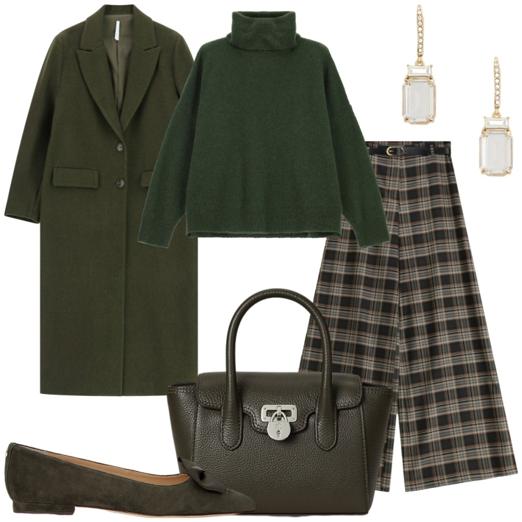 Outfit donna - Pantaloni palazzo a quadri. Stile Trendy per Tutti i giorni. Abbinamento con pantaloni a palazzo, cappotti, maglieria, borse a mano, ballerine, orecchini.