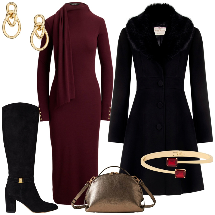 Outfit donna - Total look #2303347. Stile Chic per Serata fuori. Abbinamento con cappotti, borse a mano, stivali, braccialetti, vestiti, orecchini.