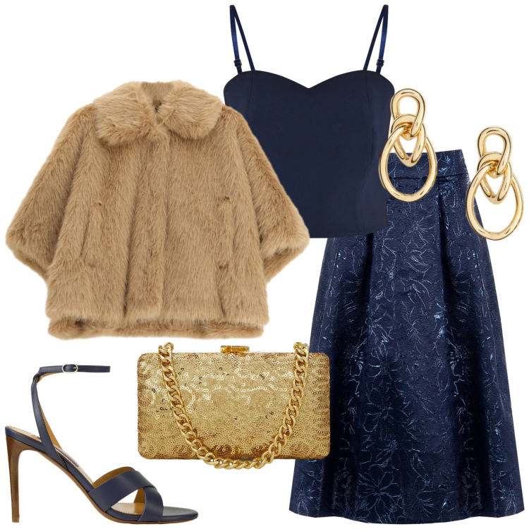 Outfit donna - Blu per le feste. Stile Chic per Cerimonia. Abbinamento con blazer, gonne longuette, top, clutch, orecchini, sandali col tacco.