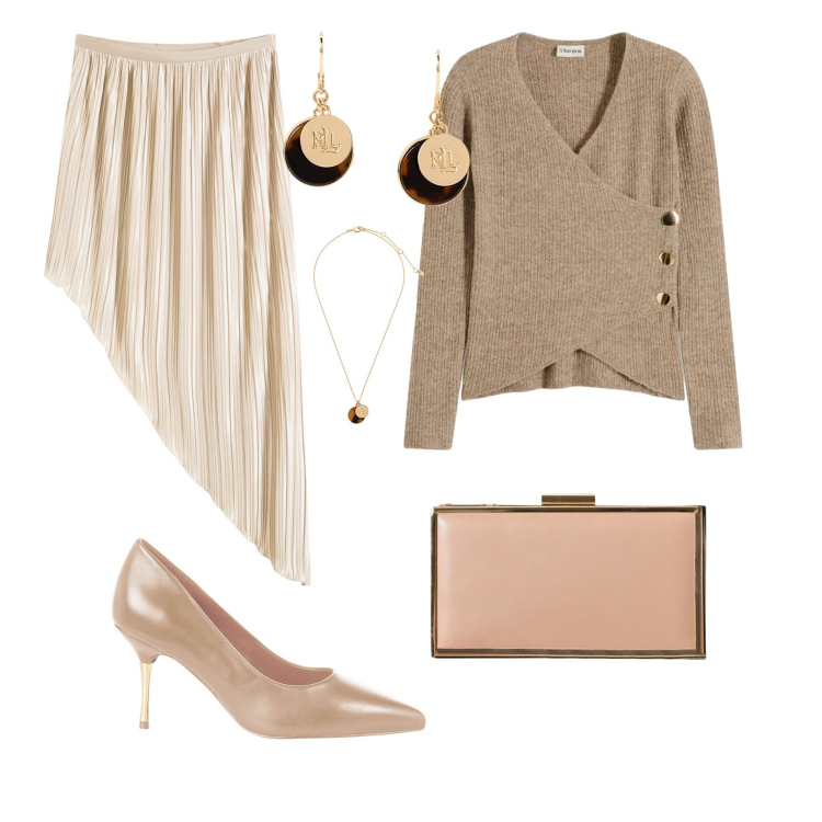 Outfit donna - Lo stile asimmetrico che sorprende. Stile Chic per Serata fuori. Abbinamento con gonne, maglieria, pochette, décolleté, orecchini, collane.