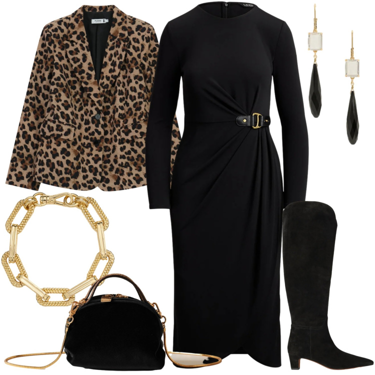 Outfit donna - La giacca animalier. Stile Glamour per Serata fuori. Abbinamento con blazer, borse a mano, vestiti, orecchini, braccialetti, stivali.