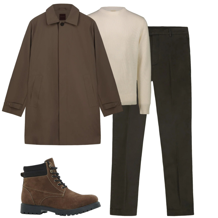 Outfit uomo - Total look #2303356. Stile Urban per Tutti i giorni. Abbinamento con stivali e stivaletti, pantaloni chino, trench, maglieria.