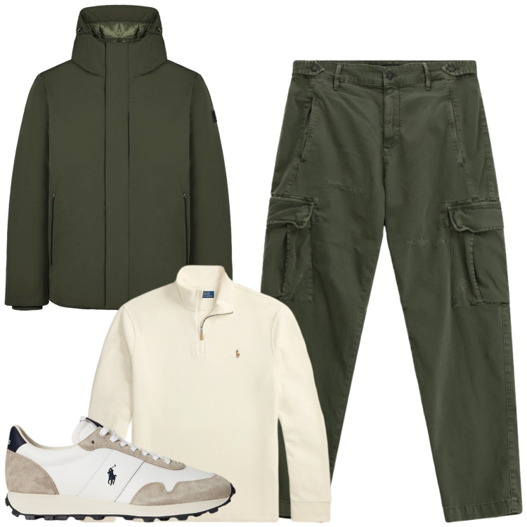 Outfit uomo - Dicembre. Stile Casual per Tutti i giorni. Abbinamento con pantaloni cargo, sneakers, pullovers, parka.